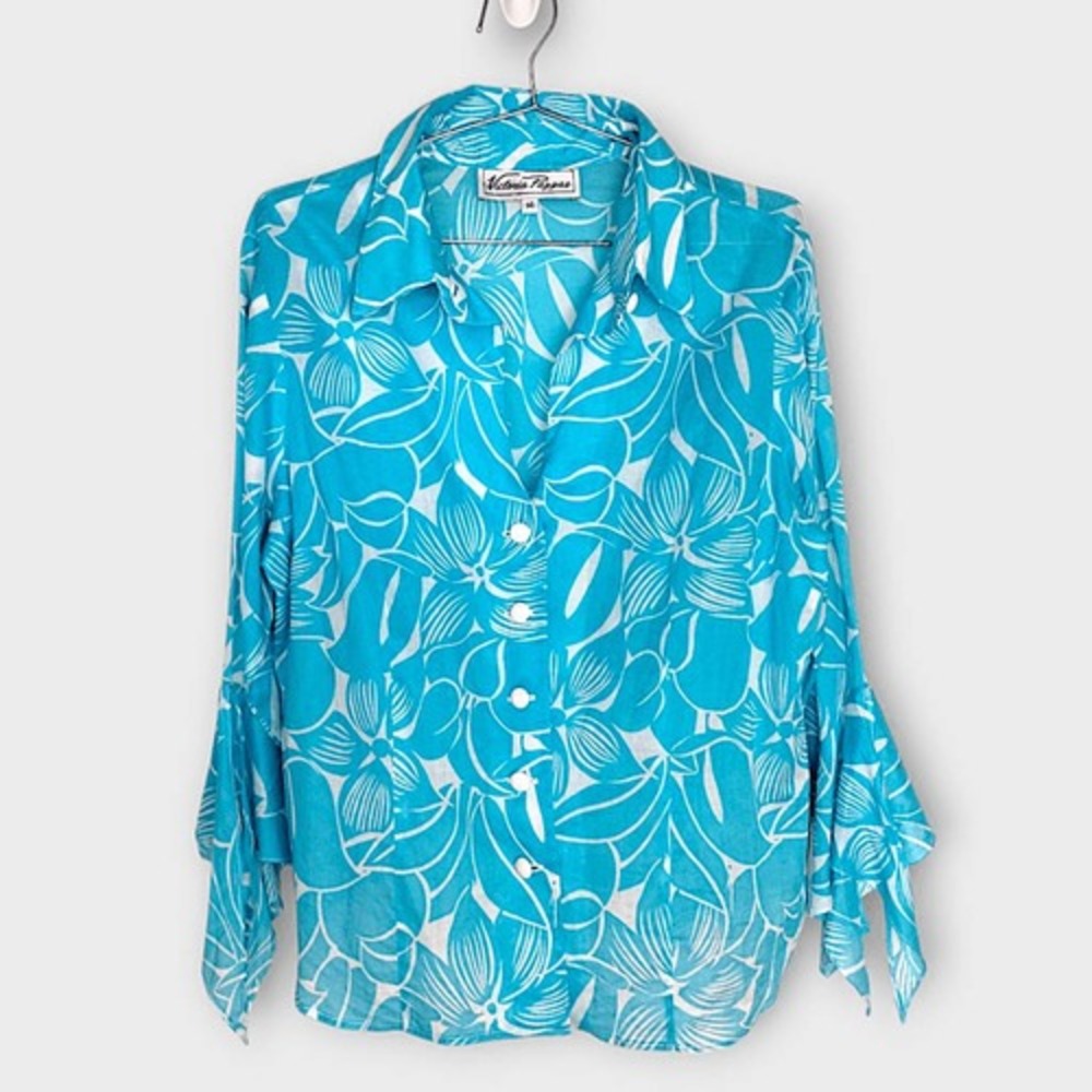 Victoria‎ Jones Tropical Floral Blouse Womens M Turquoise Button Bell Sleeve Top